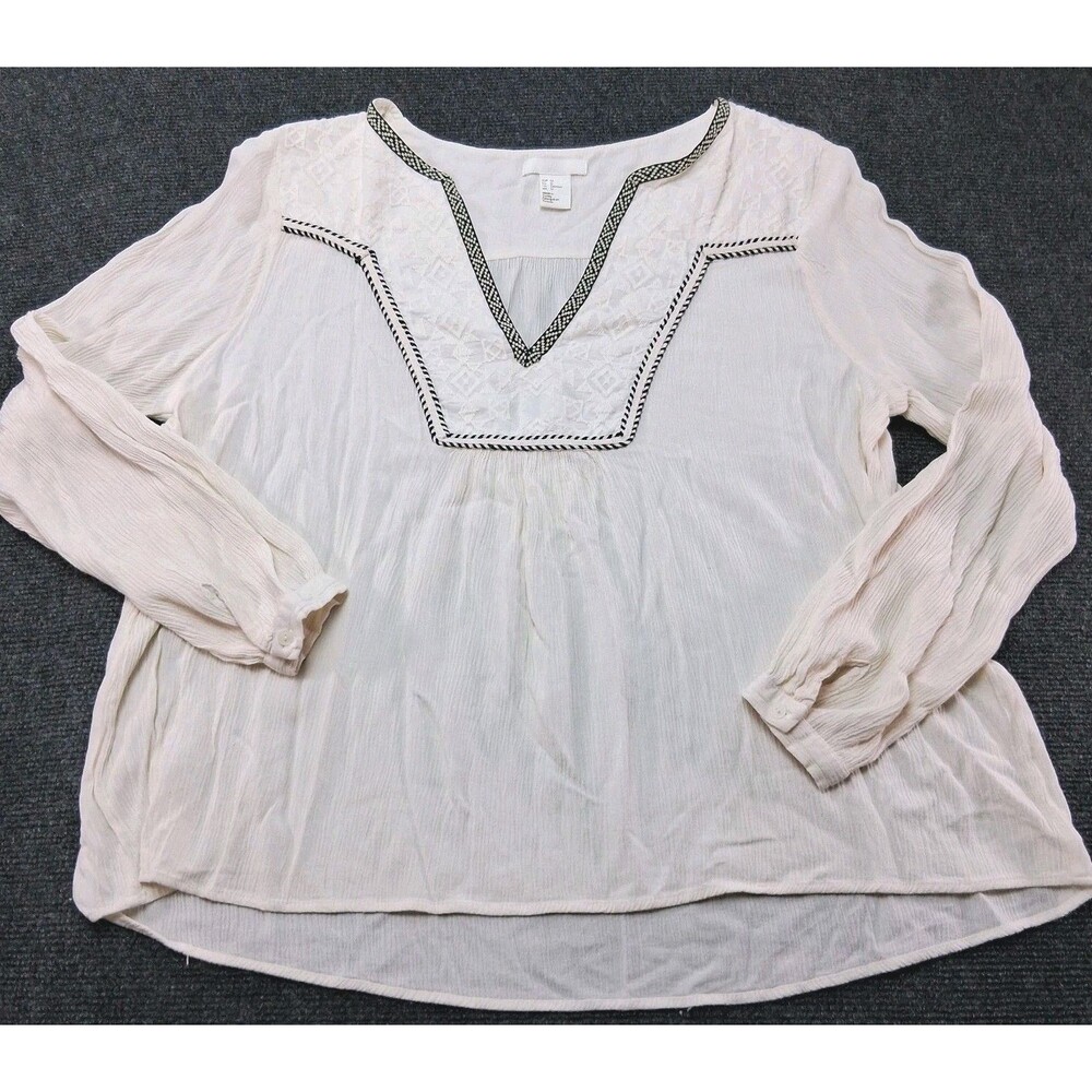 H&M Embroidered Boho Peasant‎ Blouse White V-Neck Tunic Size 12 Clean Girl